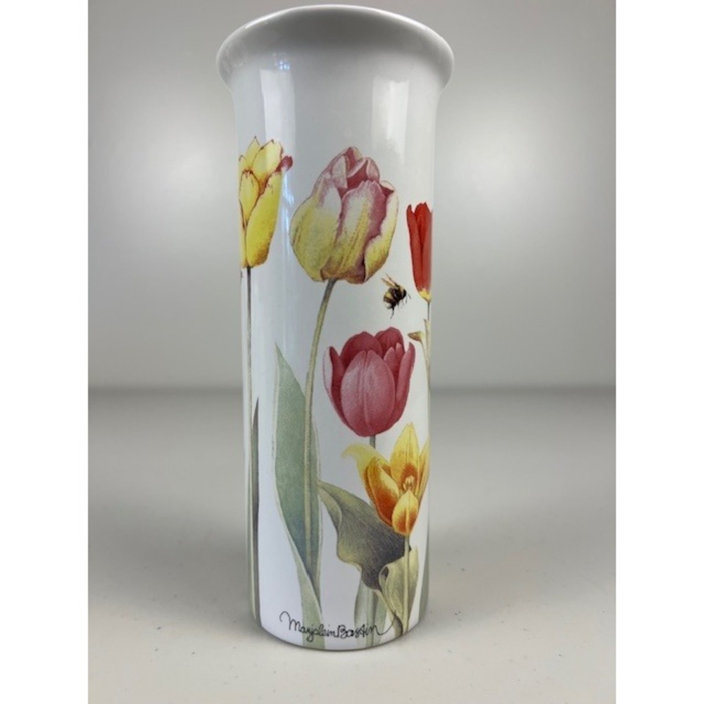 Marjolein Bastin Ceramic Cylinder Vase White Floral Tulips Bee Butterfly 8.25in